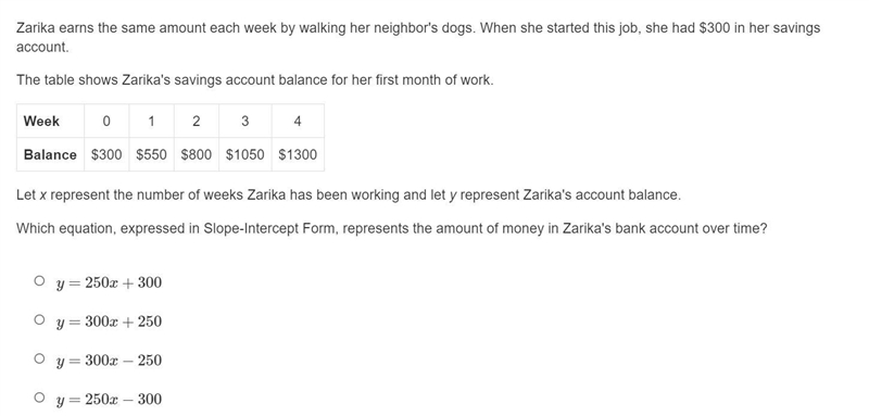 Zarika earns the same amount each week by walking her neighbor's dogs. When she started-example-1