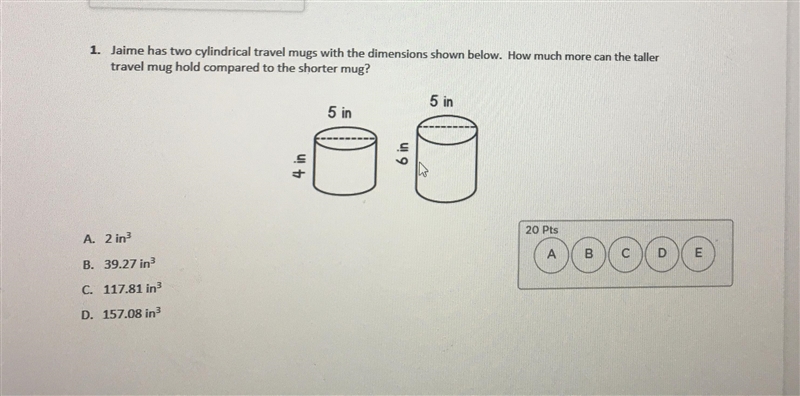 Jamie has two cylindrical travel mugs with the dimensions shown below. how much more-example-1