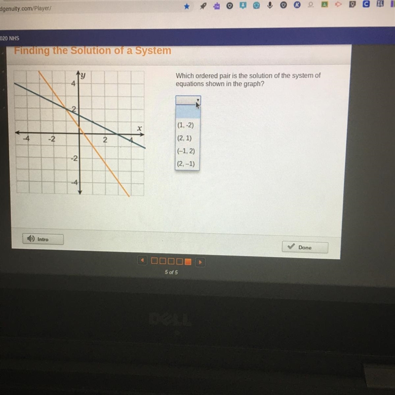 Which ordered pair is the solution of the system of equations shown in the graph?-example-1