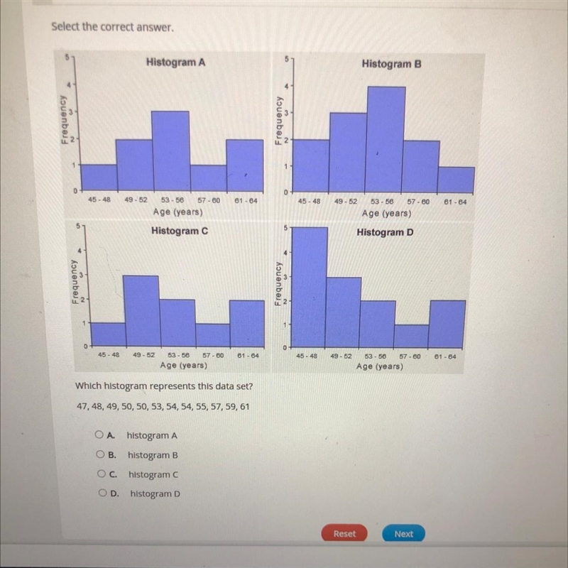 Which histogram represents this data set? 47,48,49,50,50,54,54,55,57,59,61-example-1