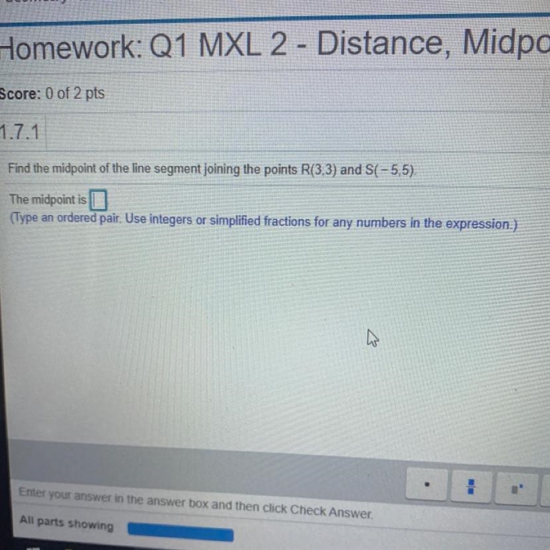 Find the midpoint of the line segment joining the points R(3,3) and S(-5,5).-example-1