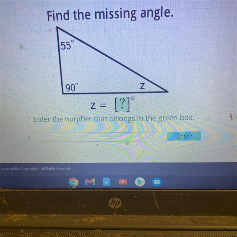 Find the missing angle. Enter the number that belongs in the green box. Enter-example-1