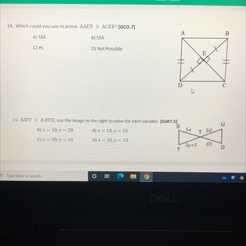 Which could you use to prove triangle AED is congruent to triangle CEB?-example-1