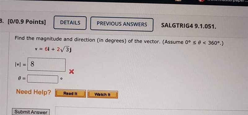 Find the magnitude and direction in degrees of the vector v=6i+2 seq31​-example-1