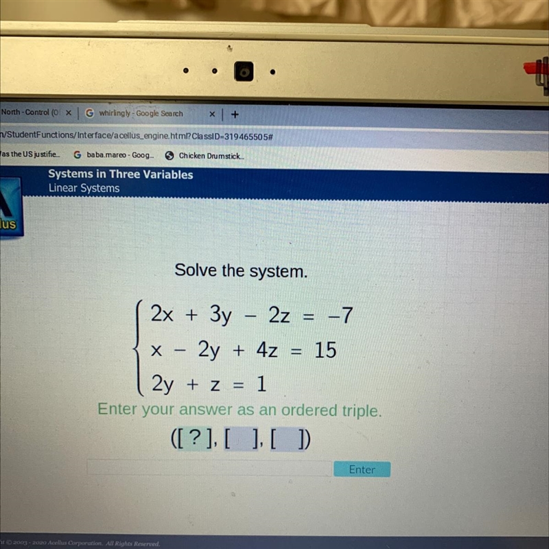 Solve the system. 2x + 3y - 2z = -7 2 x – 2y + 4z = 15 2y + z = = 1 Enter your answer-example-1