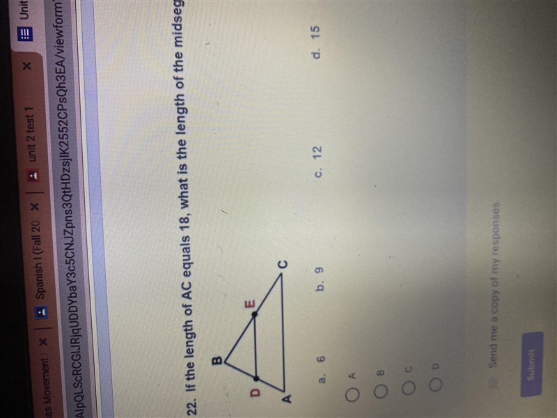 If the length of AC equals 18, what is the length of the midsection DE-example-1