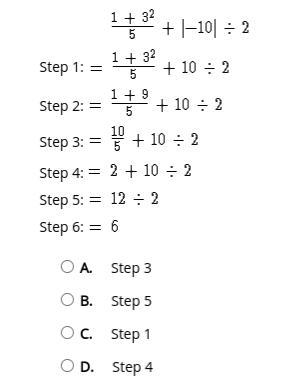 Please help A mistake was made in the steps shown to simplify the expression. Which-example-1