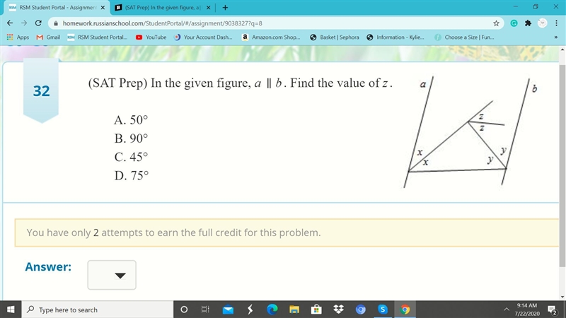 (SAT Prep) In the given figure, a ∥ b. Find the value of z. A. 50° B. 90° C. 45° D-example-1