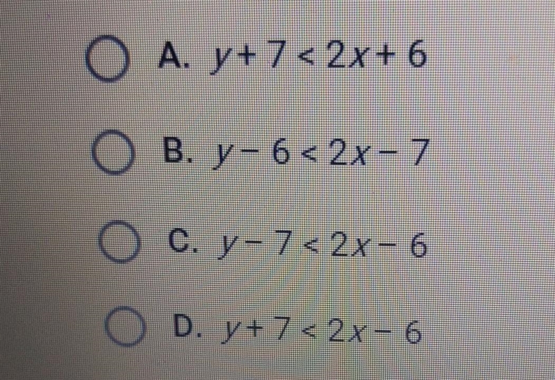 The point (0,0) is a solution to which of these inequalities? ​-example-1