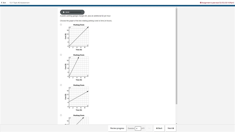 A public parking garage charges $5, plus an additional $2 per hour. Choose the graph-example-1