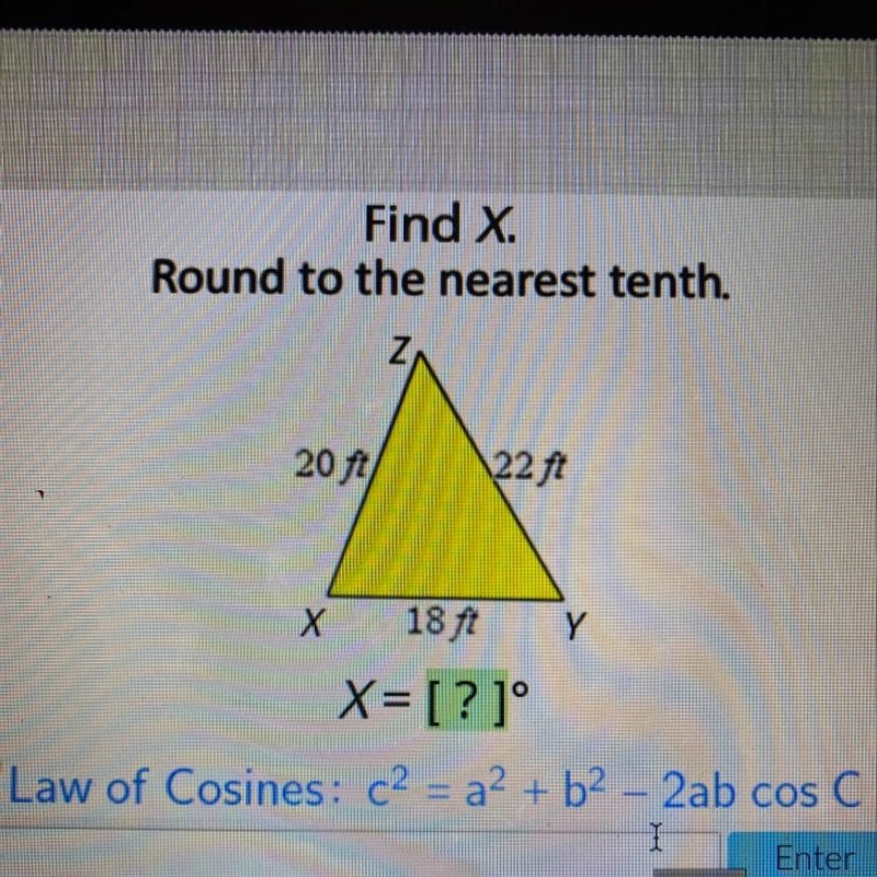 Find X. Round to the nearest tenth. Law of Cosines : c2 = 22 + b2 - 2ab cos C-example-1