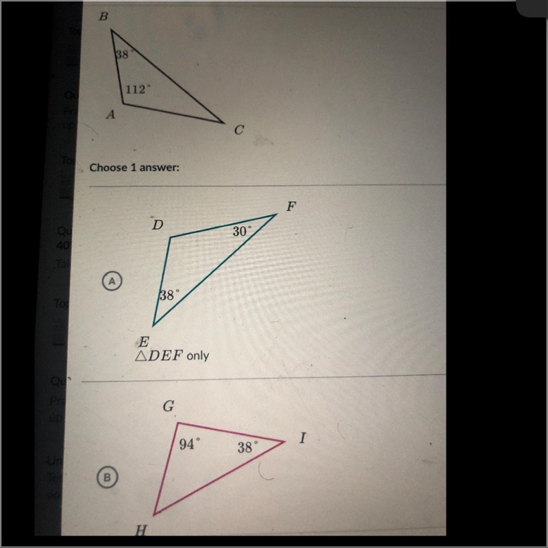 Please help!! which triangle is similar to ABC? A. Triangle A B. Triangle B C. Neither-example-1