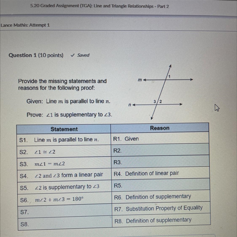 Provide the missing statements and reasons for the following proof: Given: Line m-example-1