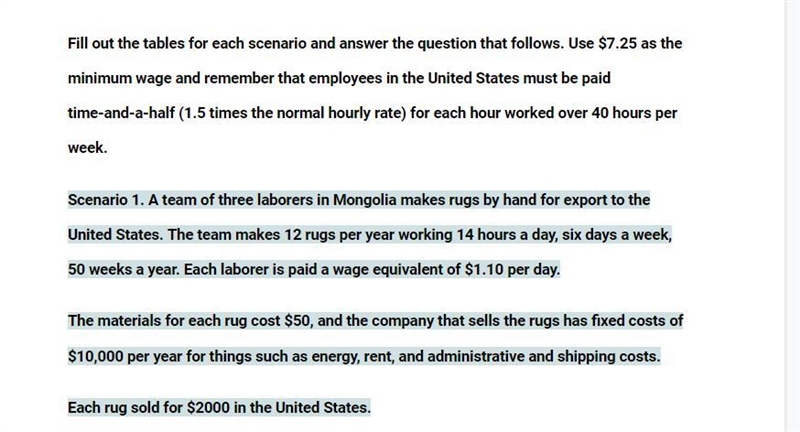 Fill out the tables for each scenario and answer the question that follows. Use $7.25 as-example-2