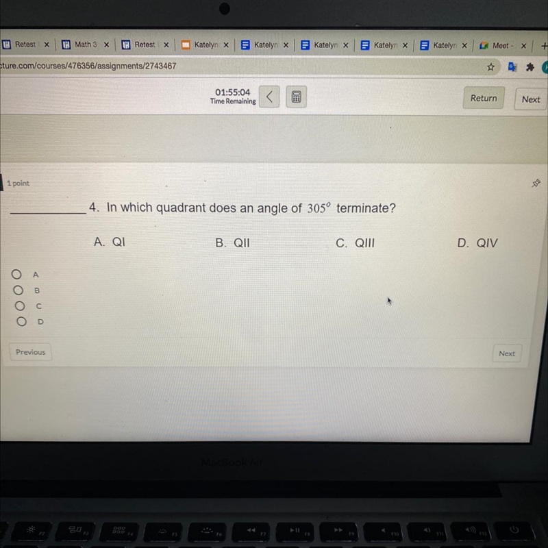 In which quadrant does an angle of 305° terminate?-example-1