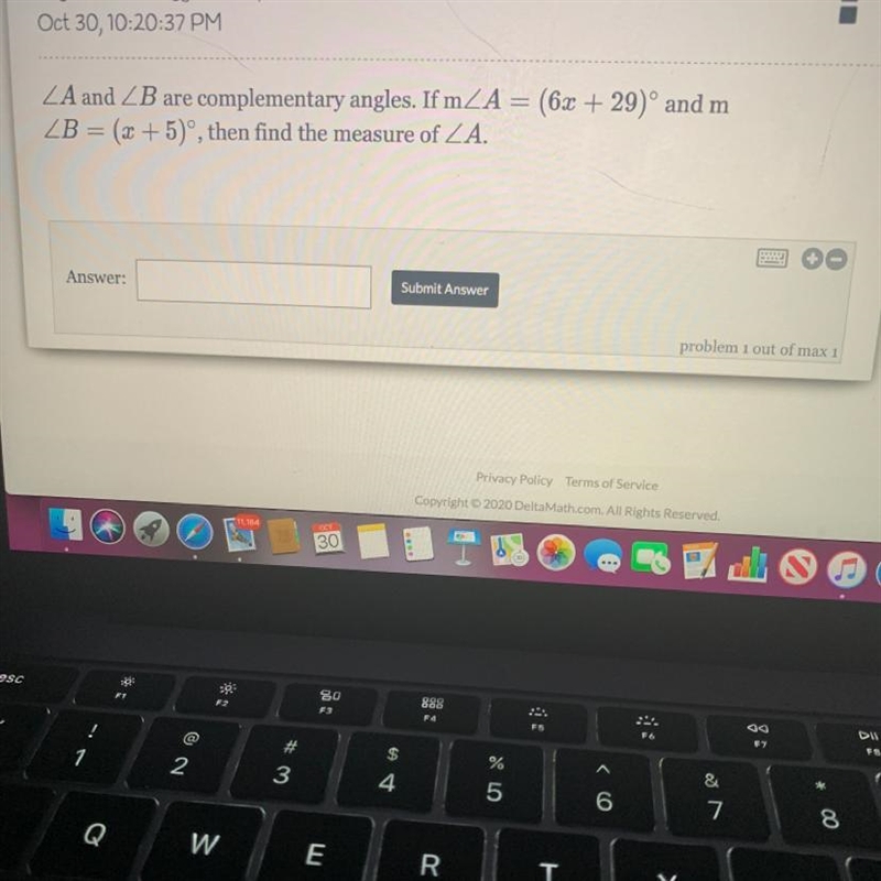 ZA and ZB are complementary angles. If mZA = (6x +29)° and m ZB = (x + 5), then find-example-1