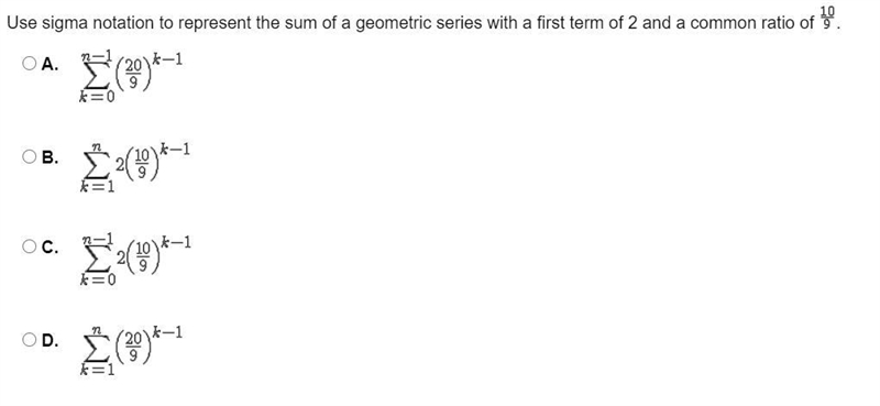 Use sigma notation to represent the sum of a geometric series with a first term of-example-1