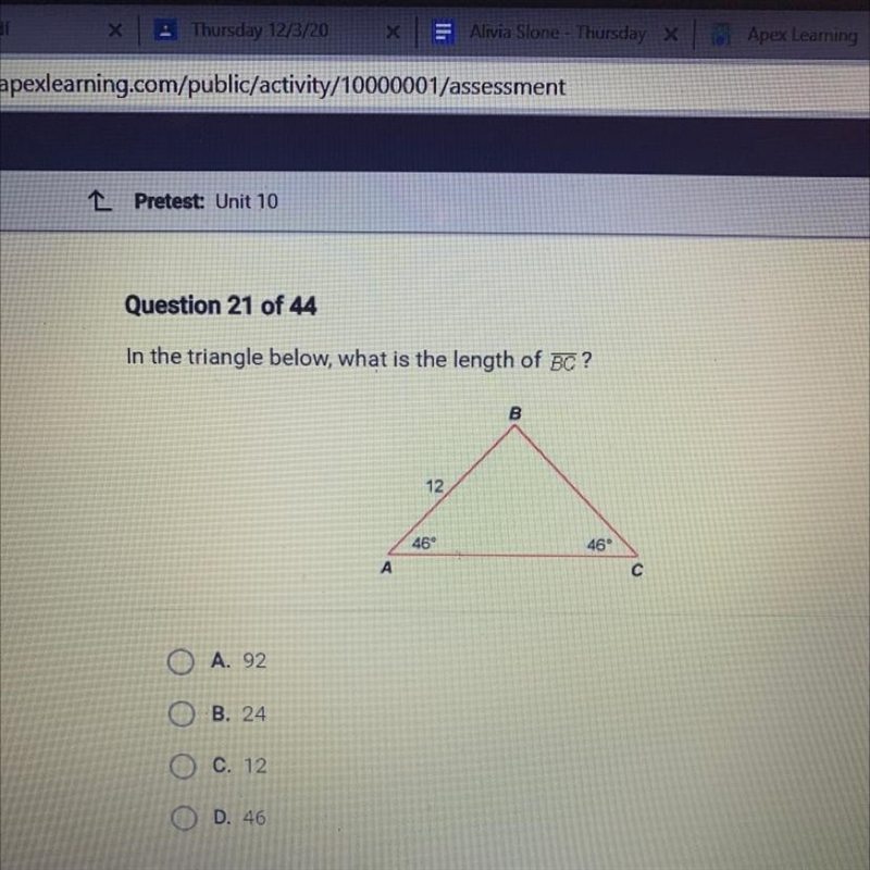 In the triangle below, what is the length of BC ? need help?!-example-1