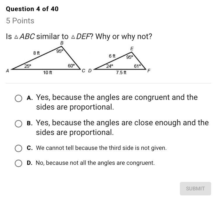 Is triangle ABC similar to triangle DEF? why or why not.-example-1