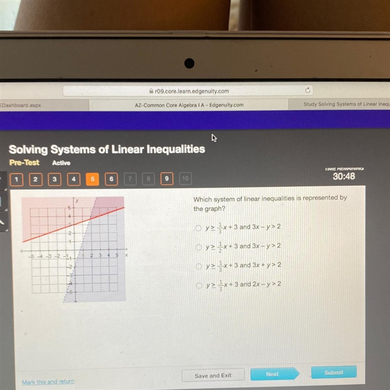 Which system of linear inequalities is represented by the graph?-example-1