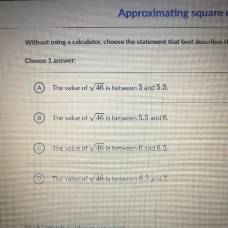 Without using a calculator, choose the statement that best describes the value of-example-1