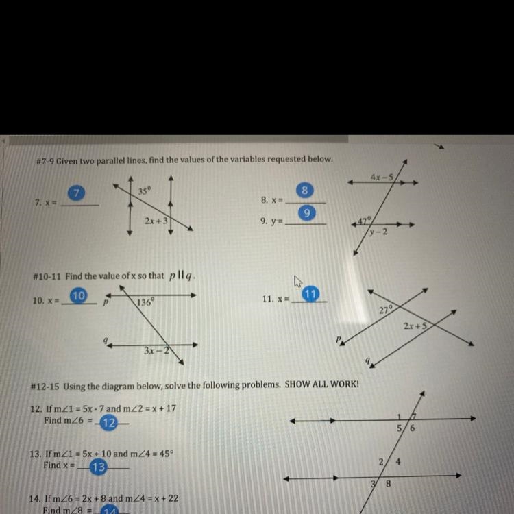 #7-11 given two parallel lines find the values of the variables requested below.-example-1