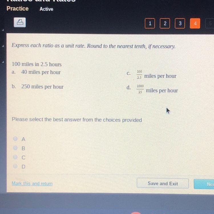 Express each ratio as a unit rate. Round to the nearest tenth, if necessary. 100 miles-example-1