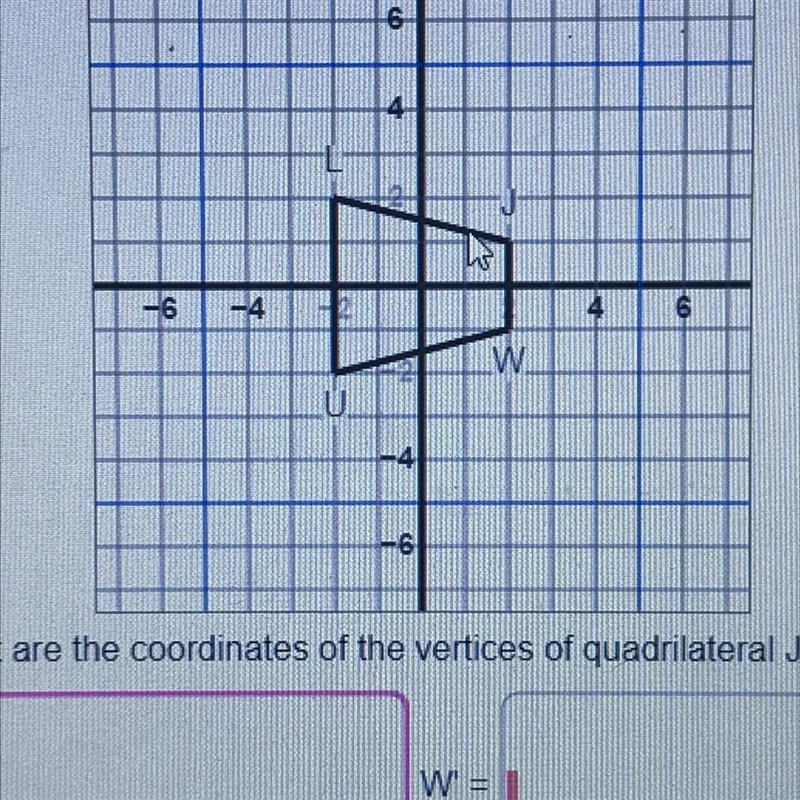 The coordinates of the vertices of a quadrilateral are J (2,1) W(2,-1) U(-2, 2). Quadrilateral-example-1