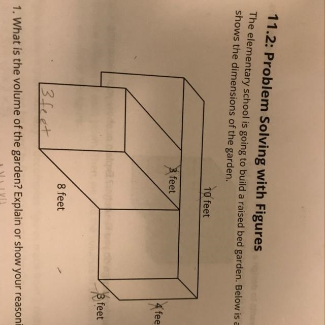 10 feet 3 feet 4 feet 3 feet 8 feet 3 feet 1. What is the volume of the garden? Explain-example-1