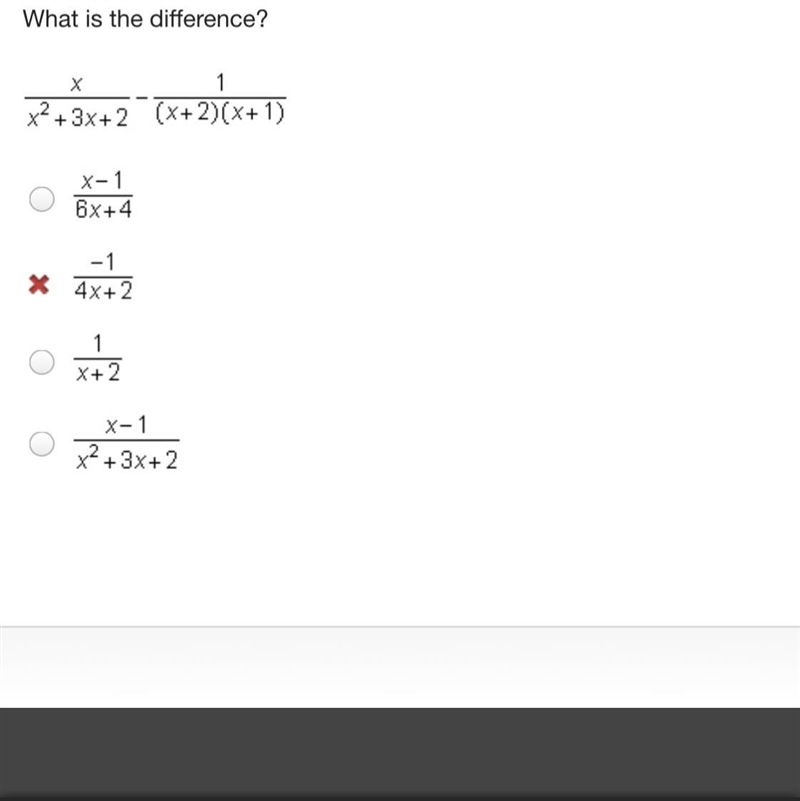 What is the difference? StartFraction x Over x squared + 3 x + 2 EndFraction minus-example-1