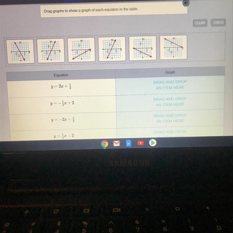 Drag graph to show a graph of each equation in the table-example-1