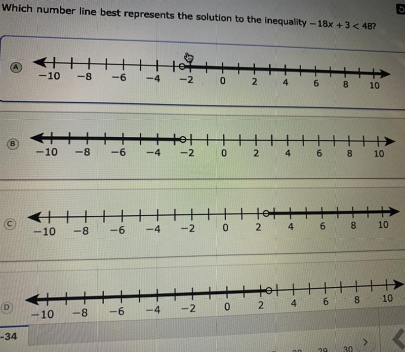 Which number line best represents the solution to the inequality -18x+3<48-example-1