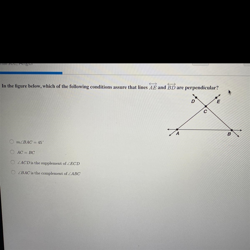 Which of the following conditions assure that lines are AE and BD are perpendicular-example-1