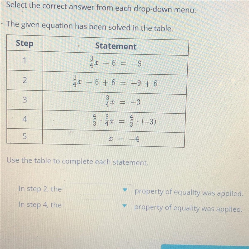 Select the correct answer from each drop-down menu. The given equation has been solved-example-1