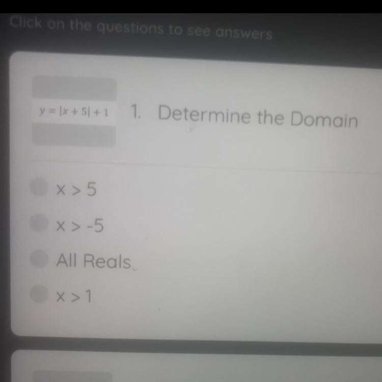 Determine the domain :y=|x+5|+1-example-1