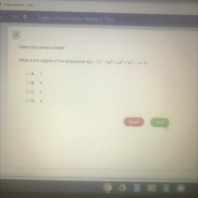 Select the correct answer What is the degree of the polynomial R(x) = 7x5 - 9X4 - 2x-example-1