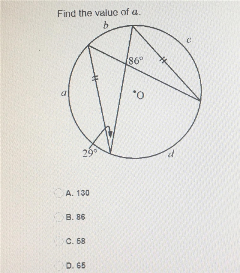 Find the value of a A.130 B.86 C.58 D.65-example-1