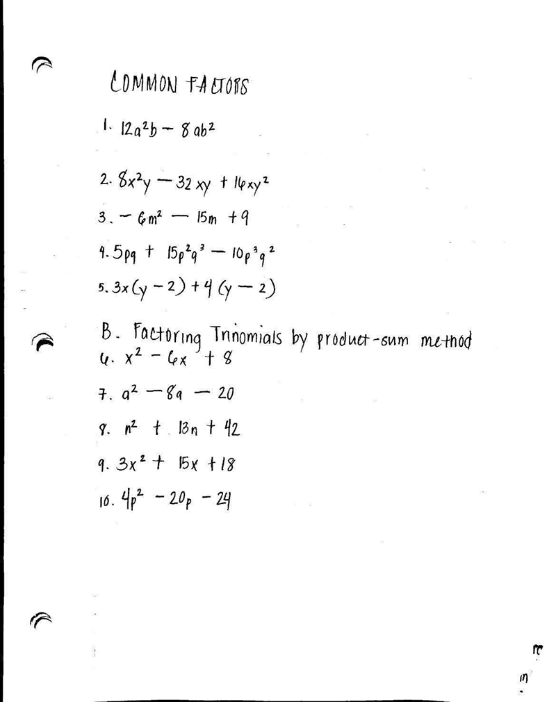 A. Common Factor B. Factoring Trinomials by product-sum method-example-1