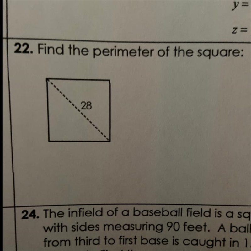 22. Find the perimeter of the square: 28-example-1