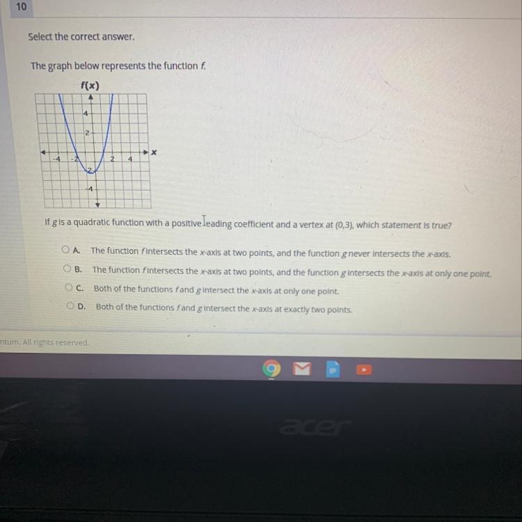 The graph below represents the function f. f(x) if g is a quadratic function with-example-1