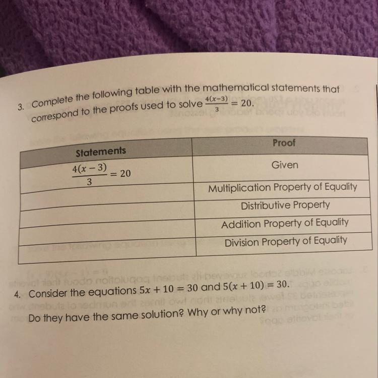 3. Complete the following table with the mathematical statements that 4(x-3) = 20. 3 correspond-example-1