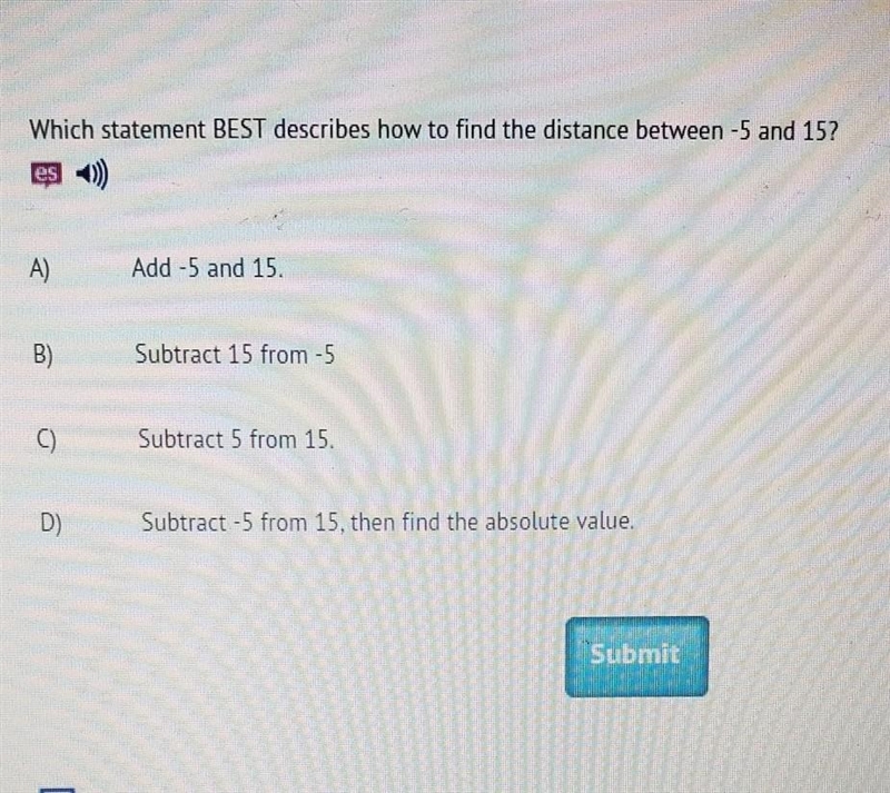 Which statement best describes how to find the distance between-5 and 15​-example-1