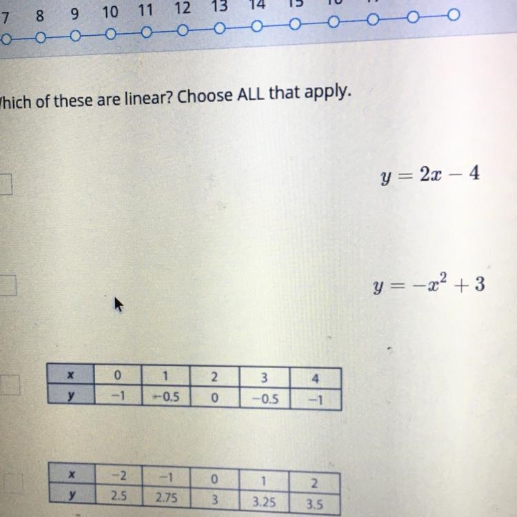 Which of these are linear? Choose ALL that apply. Please help I got 20 minutes Thank-example-1