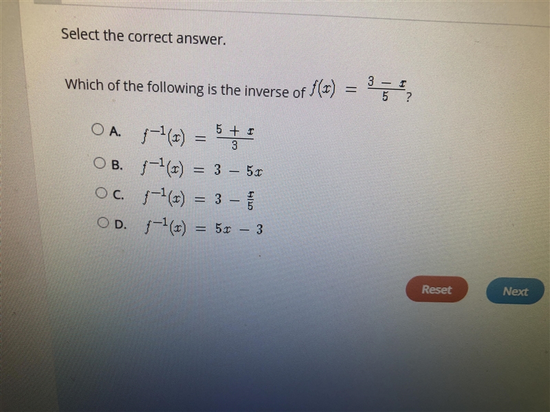 PLEASE HELP Which of the following is the inverse of f(x)=3-x/5-example-1