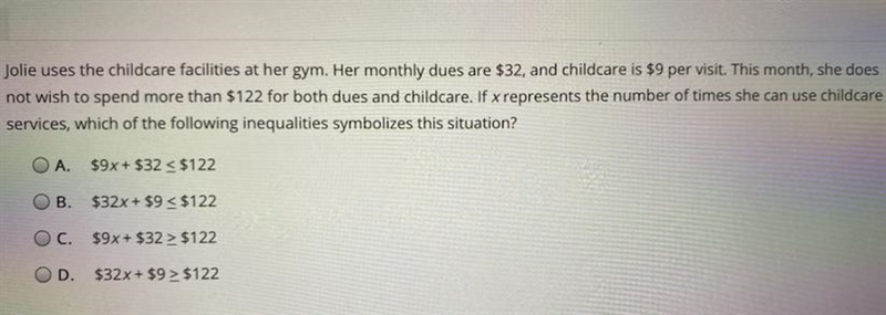 Jolie uses childcare facilities at her gym. Her monthly dues are $32, and childcare-example-1