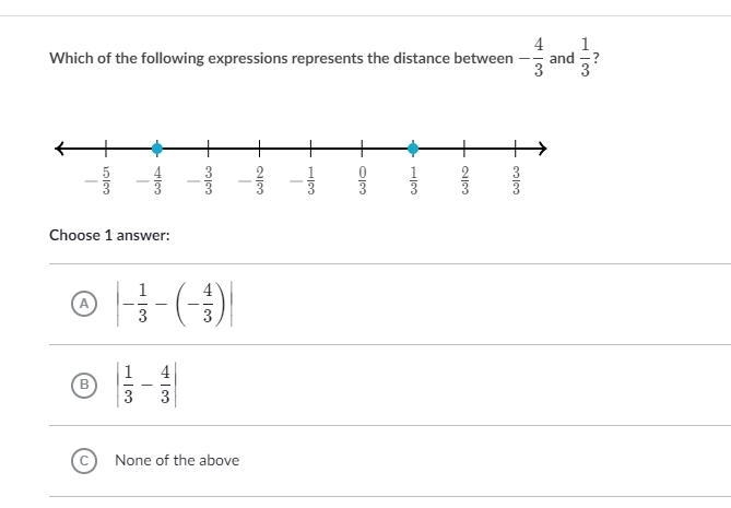 Which of the following expressions represents the distance between -4/3 and 1/3?-example-1