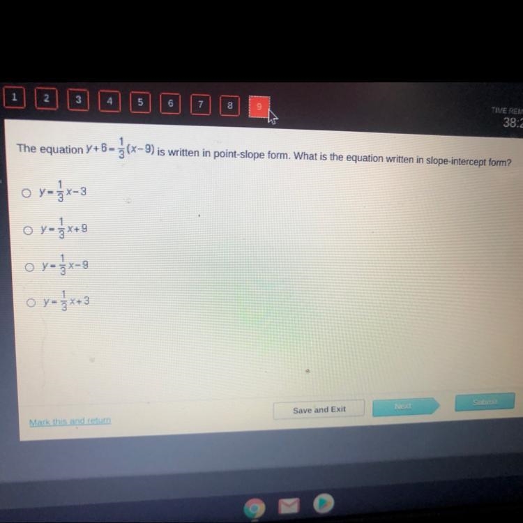 The equation Y + 6 =1/3(x-9) is written in point-slope form. What is the equation-example-1