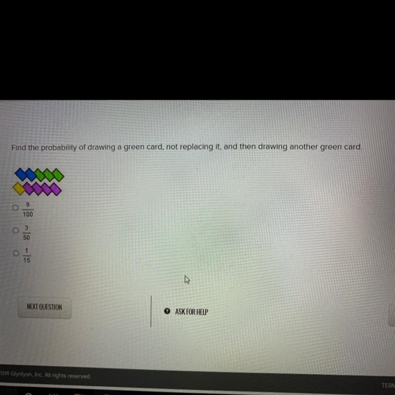 Find the probability of drawing a green card, not replacing it, and then drawing another-example-1