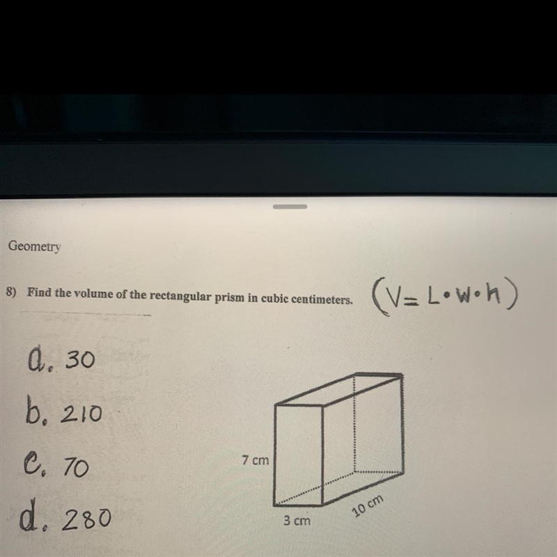 Find the volume of the rectangular prism in cubic centimeters. (V2 Lowoh) a. 30 b-example-1