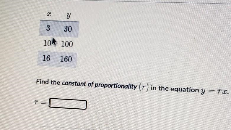 The quanities x and y are proportional Find the constant of proportionality (r) in-example-1